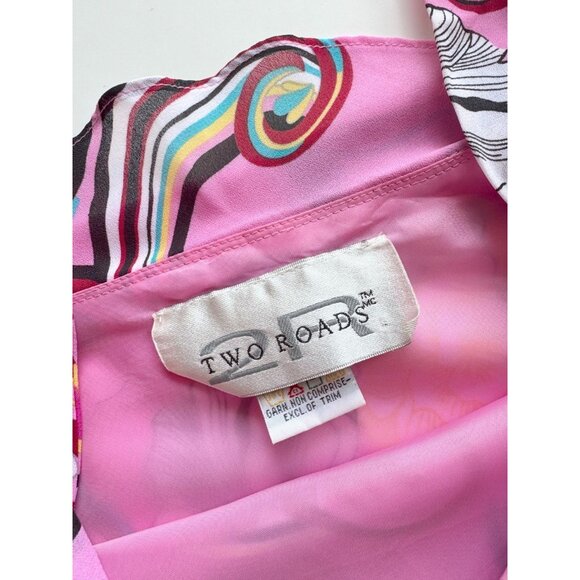 Vintage 00's TWO ROADS Pink Y2K Graphic Print Chiffon Ruffle Tank Top, Size L - Picture 8 of 10